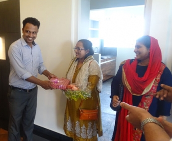 Our Site Engineer - Mansoor greeting Ms. Reema Saleh of apartment C 10 in Crescent Tulip during handing over ceremony.