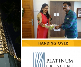Our Project Engineer - Jijo greeting Ms. Geetha Ramakrishnan of apartment C 8 in Platinum Crescent during handing over ceremony.
