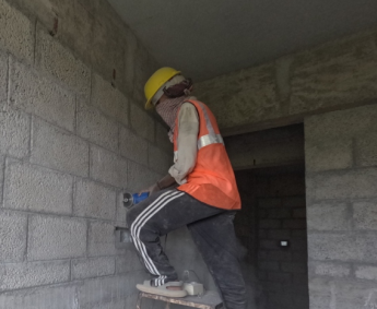 Shows electrical chipping and piping is in progress on 4th floor.